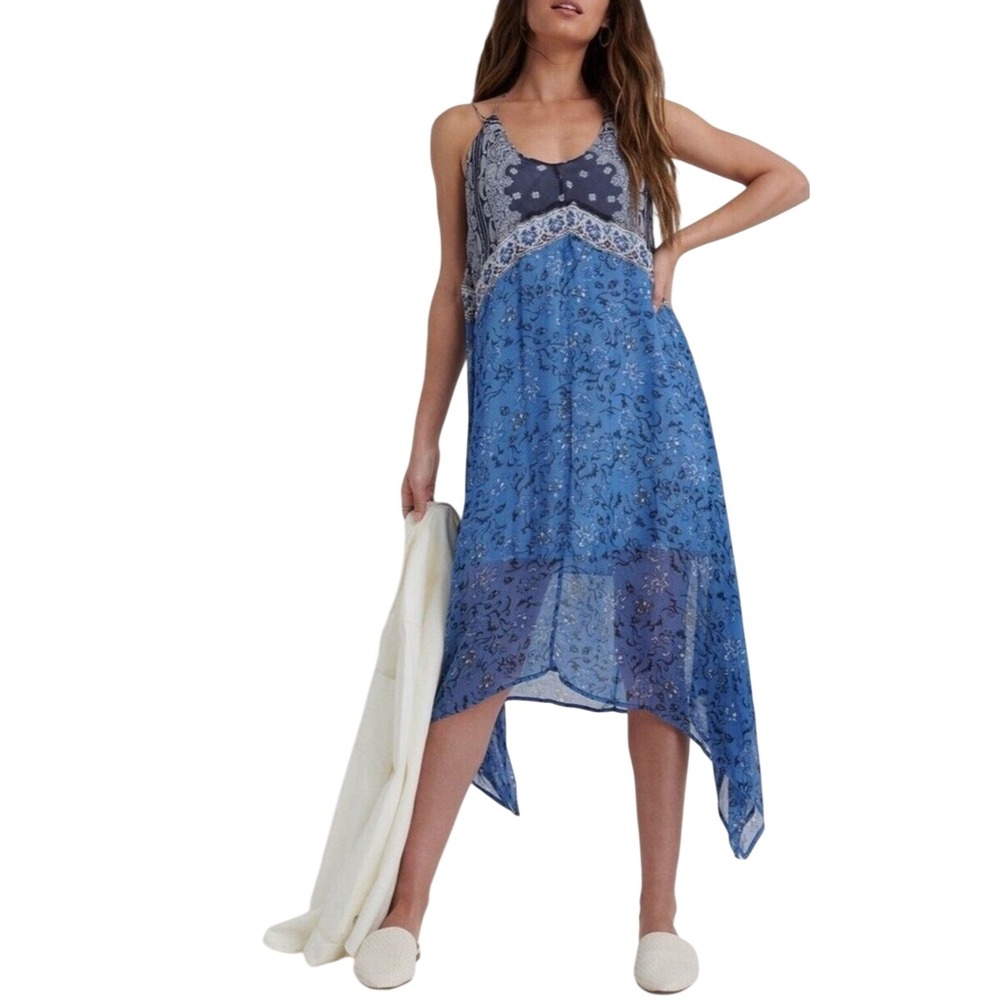 Lucky Brand Layla Scarf Dress Blue Floral Print Handkerchief Hem Sleeveless XS